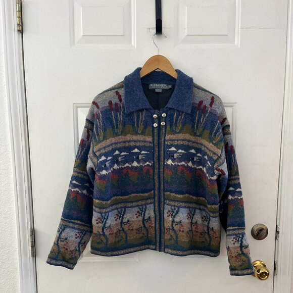 Icelandic Design 100% Lined Wool Fair Isle Duck Full Zip Sweater Sz Lr - Picture 1 of 10